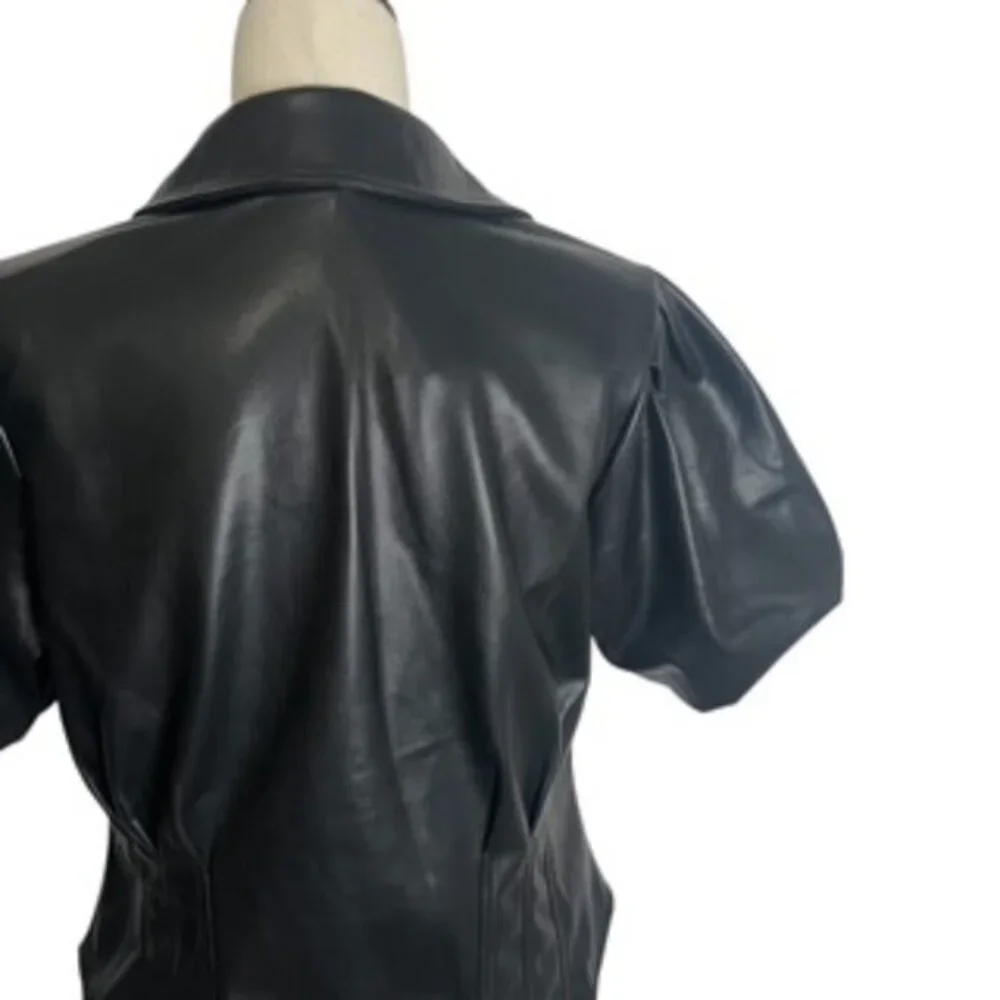 NEW Bagatelle Fitted Top Women’s Size Large Faux Leather‎ Puff Sleeves Button Up